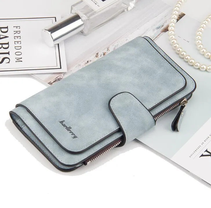 Women's PU zip wallet in Black, Blue, Brown, Dark Blue, Dark Grey, Dark Red, Light Grey, Pink and Rose Red with zipper closure