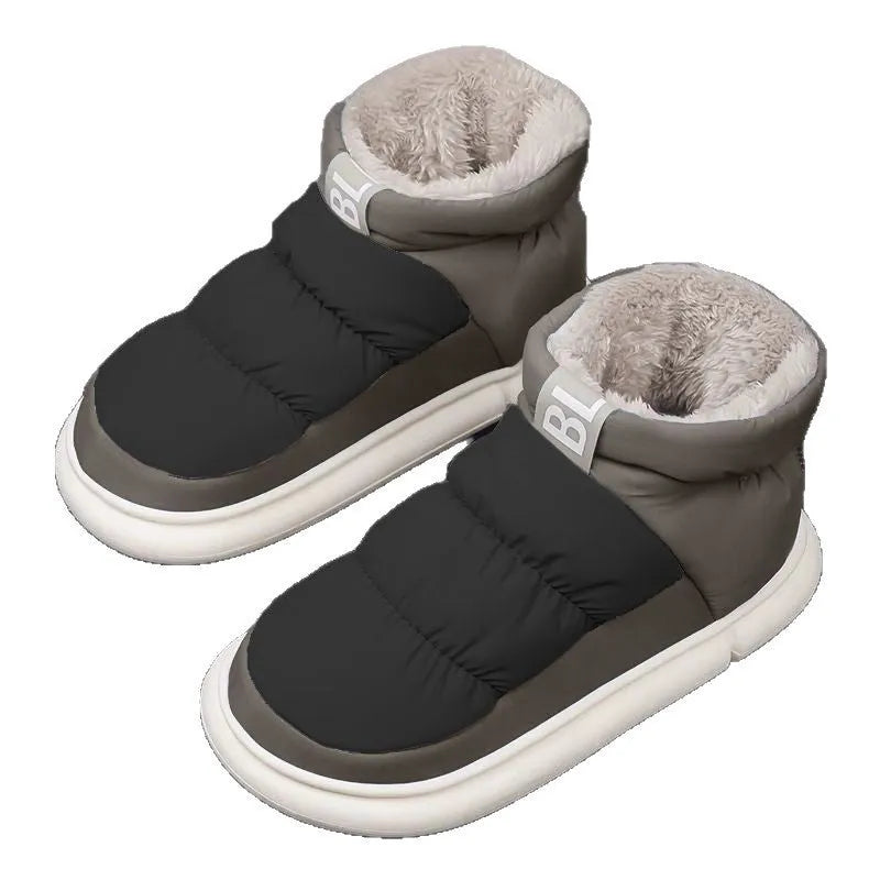 High-top men's down cotton shoes with grid pattern upper in black-gray colourway