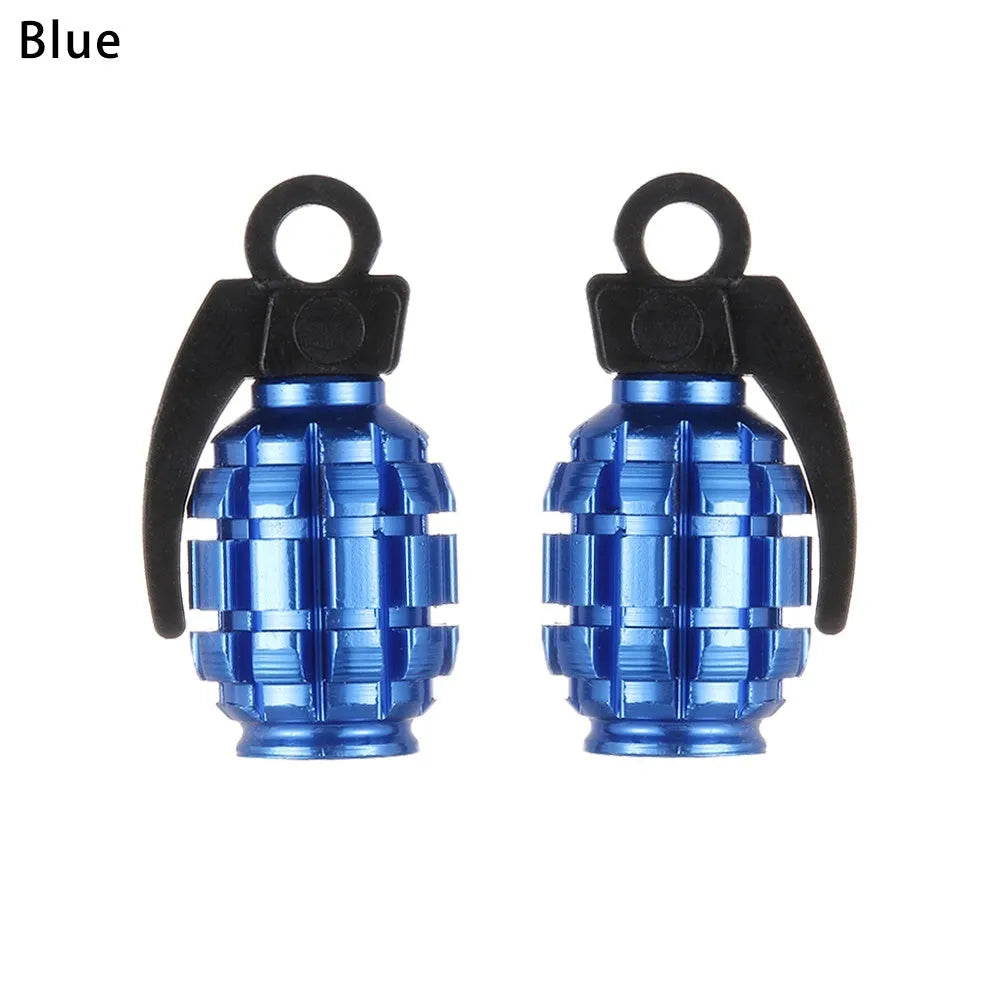 Two car tyre valve caps in red, blue, and gold colours on a white background