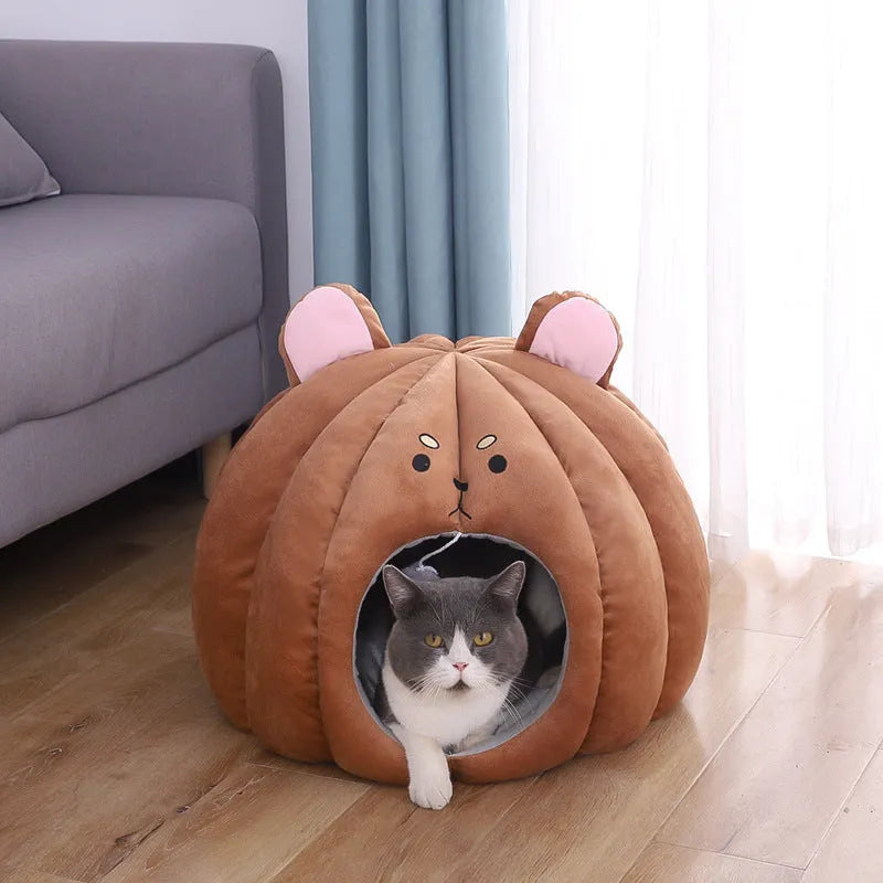 Enclosed cat litter pet nest in Bear colour, made from short plush fabric with PP cotton filling, for small pets