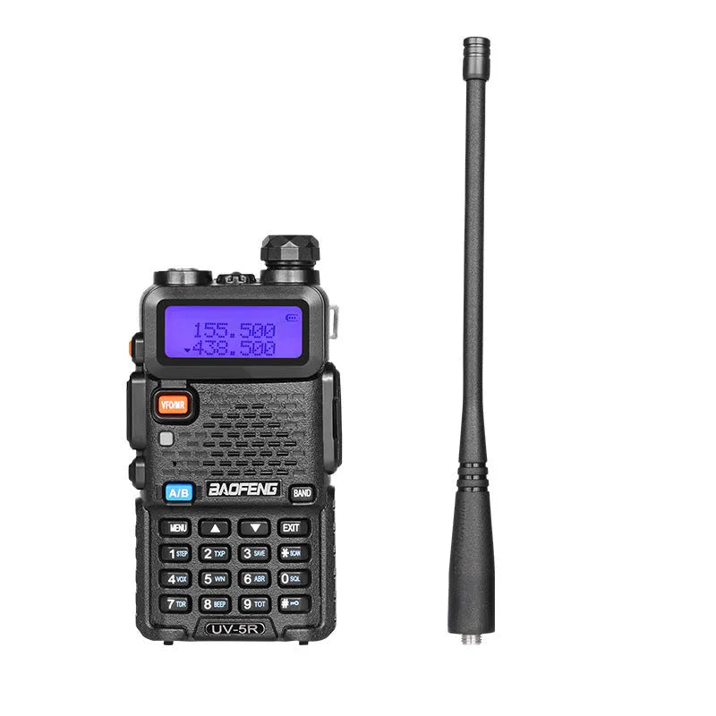 Black professional two-way radio walkie talkie with antenna, showing compact dimensions