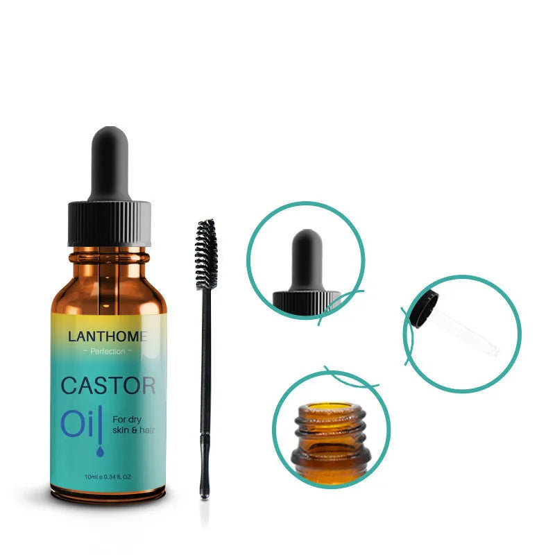 Lanthoma castor oil bottle with brush for eyebrows, eyelashes, and hair care