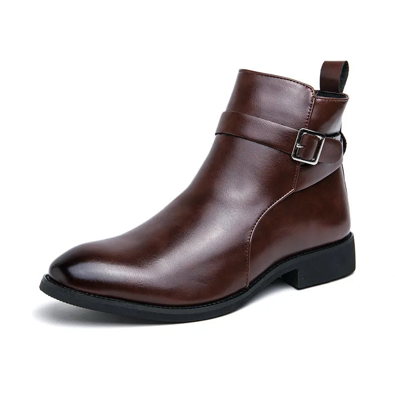 Men's high-top Western boots in black PU leather with tall crown and rubber sole