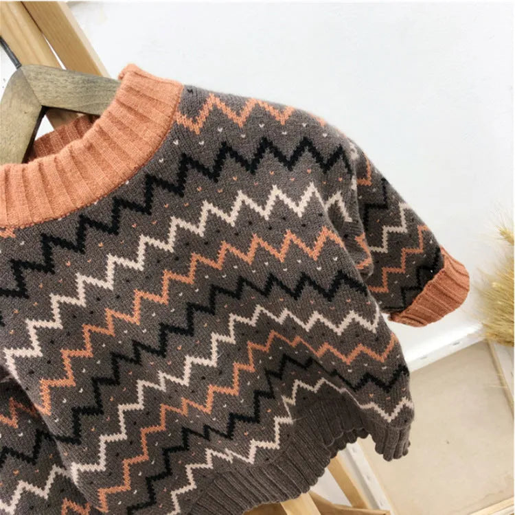 Korean style children's wool sweater in brown colour with long sleeves on hanger