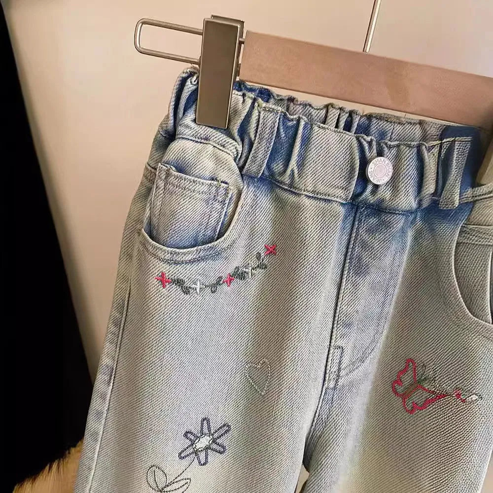 Girls fashion personalised embroidered straight jeans in cotton with cartoon pattern, picture colour, suitable for height 90cm to 140cm