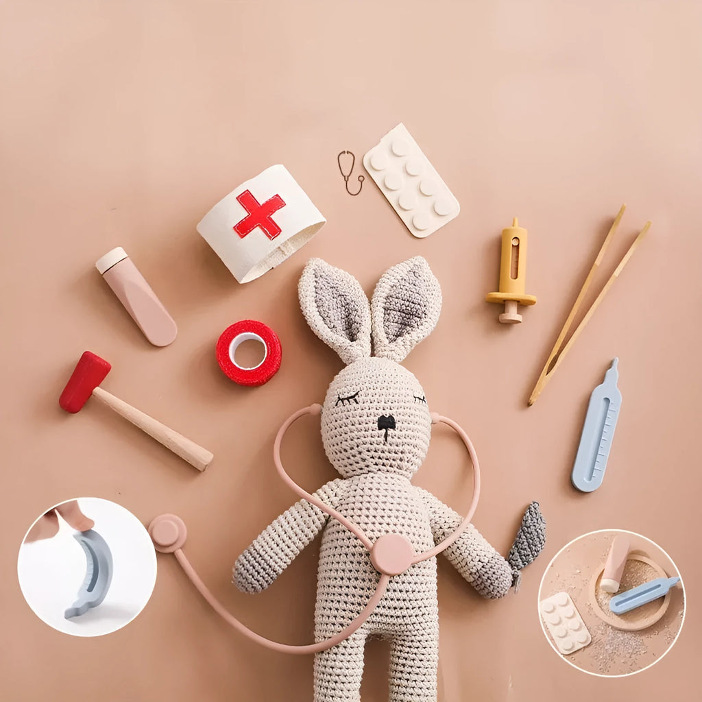 Wooden children's doctor toy set with stethoscope and medical suit for pretend play.