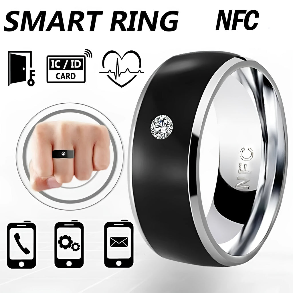 Black NFC multifunctional smart ring in sizes 6 to 13, waterproof and no power supply needed.