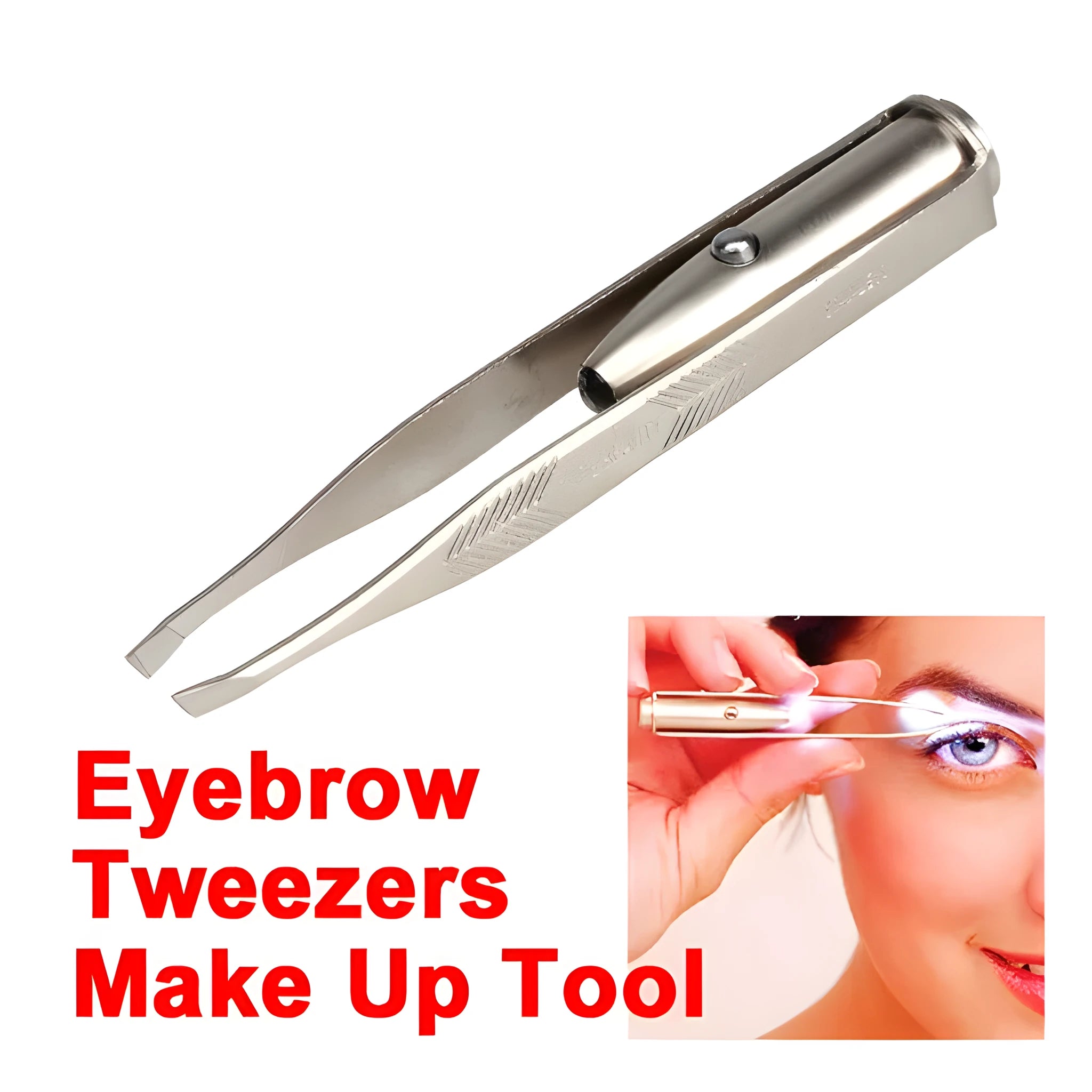 Stainless steel LED light tweezer with push-button switch for eyebrow hair removal, 83mm length