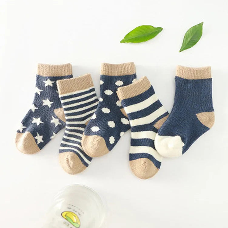Cotton tube child socks with jacquard pattern in multiple colours including blue, khaki, navy, pink, stripe, and watermelon red