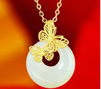 Chinese Hetian jade necklace with 925 sterling silver butterfly peace buckle pendant on cross chain