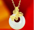 Chinese Hetian jade necklace with 925 sterling silver butterfly peace buckle pendant on cross chain