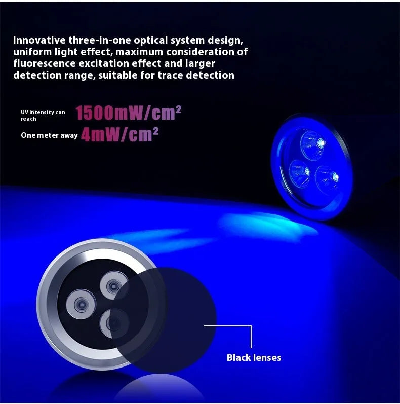 Black aluminium UV flashlight for pet urine and insect detection with USB Type-C charging port