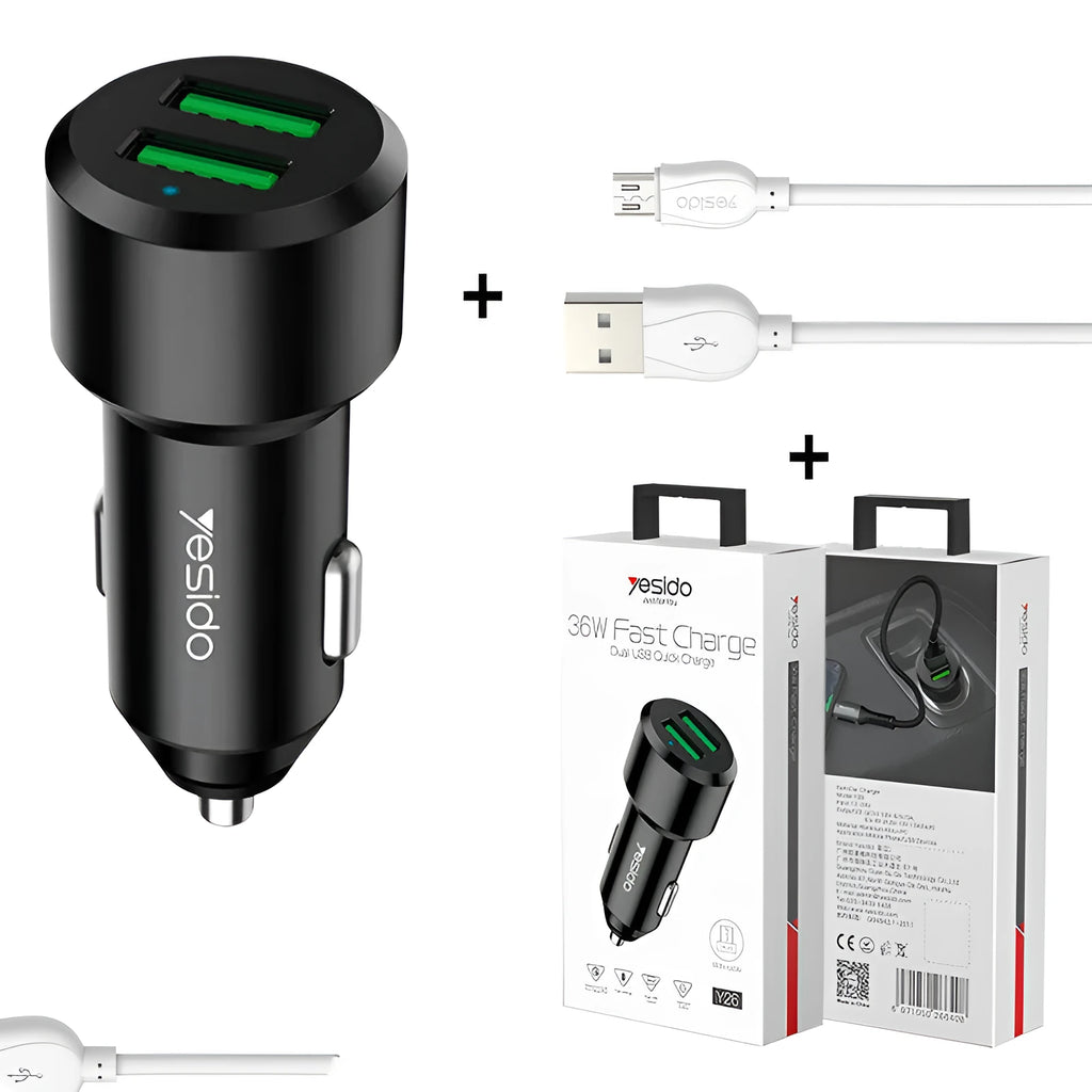 Black dual USB car charger with QC3.0 fast charge output and aluminium alloy body