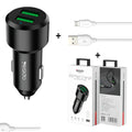 Black dual USB car charger with QC3.0 fast charge output and aluminium alloy body