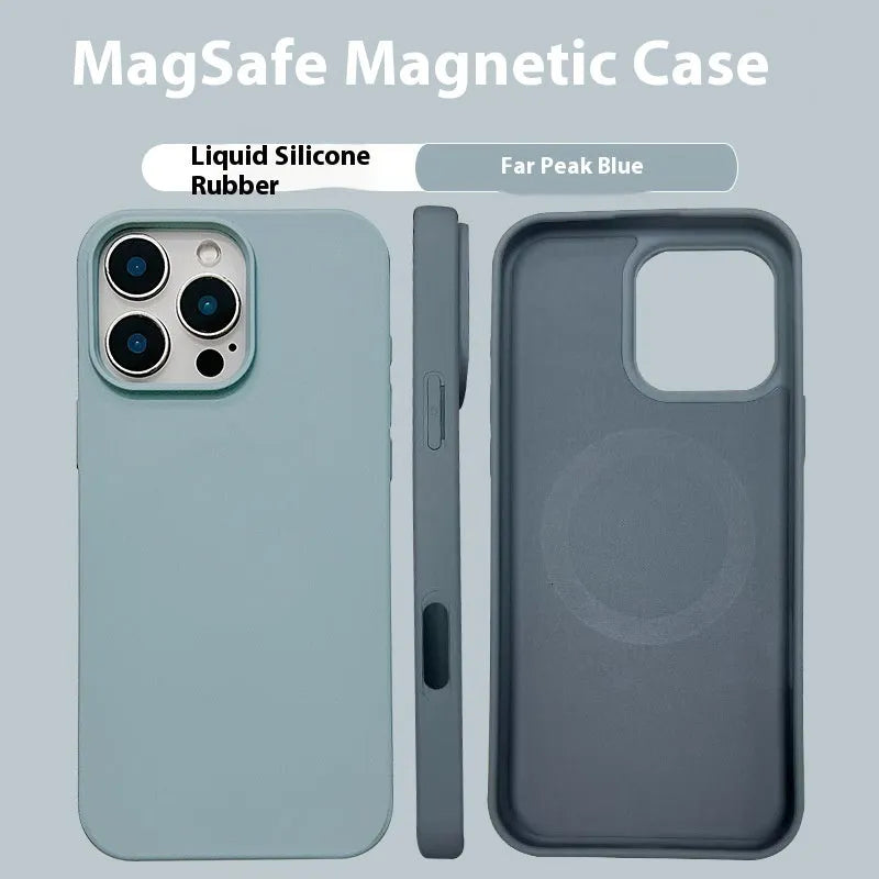 TPU liquid magnetic phone case for iPhone with big hole camera cut-out in antique white, black and sapphire blue