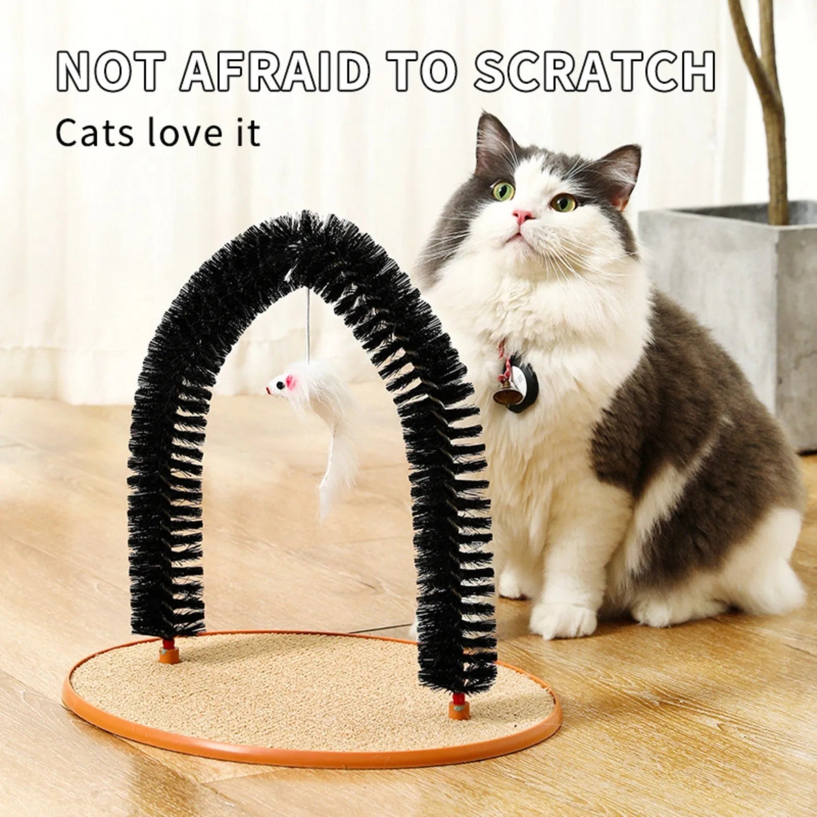 Black arch-shaped cat scratching post with grooming brush and attached mouse toy on non-slip base