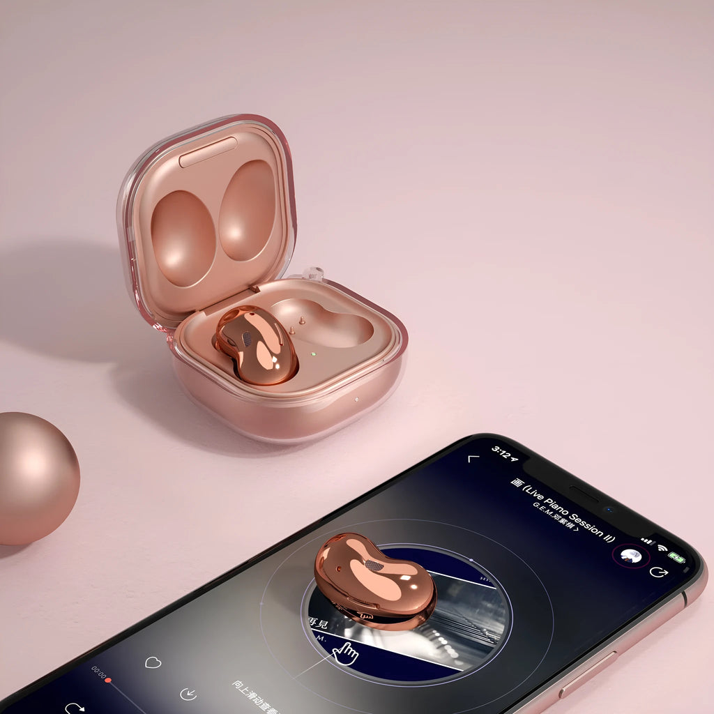 Bluetooth transparent ear case with clamshell design showing translucent colour options