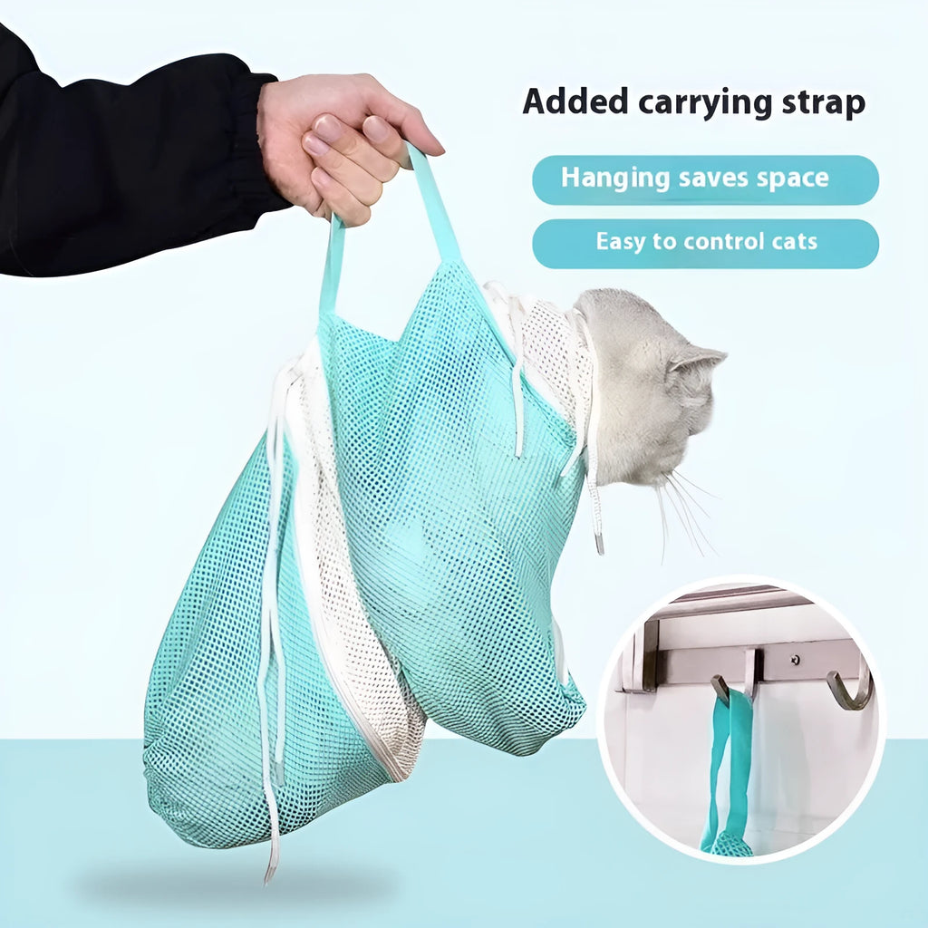 Pink and white detachable cat grooming bag with scratch-resistant fabric next to a miracle baby sponge.