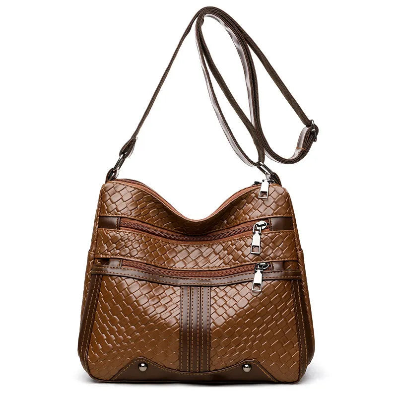 Woven PU leather messenger bag with multiple compartments and single shoulder strap