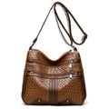 Woven PU leather messenger bag with multiple compartments and single shoulder strap