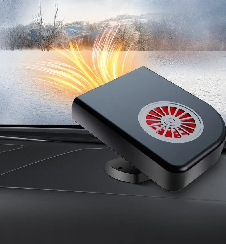 Black ABS plastic 12v vehicle-mounted car heater on a dashboard