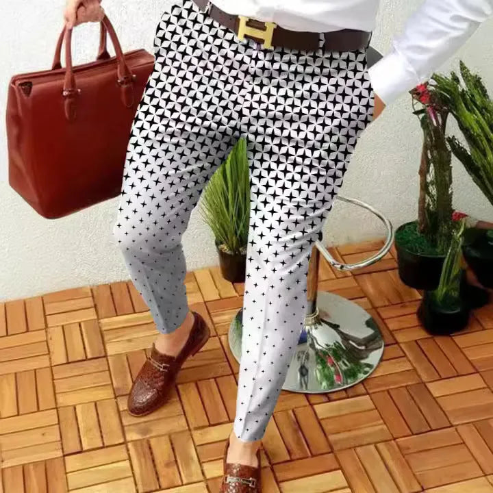 Men's slim-fit plaid casual trousers in polyester blend fabric with straight leg design