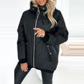 Women's casual hooded coat in black or pink, made from cotton-polyester blend fabric.