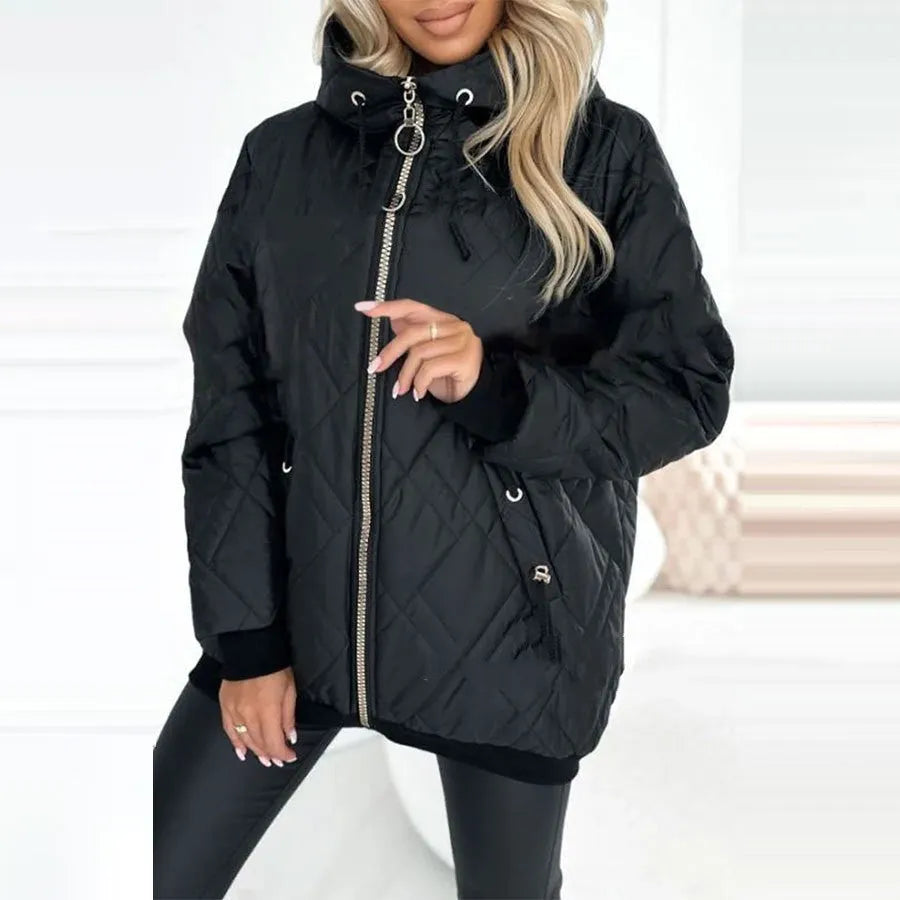 Women's casual hooded coat in black or pink, made from cotton-polyester blend fabric.