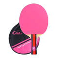 Table tennis racket with cover and bag in pink, blue and green shakehand grip colours