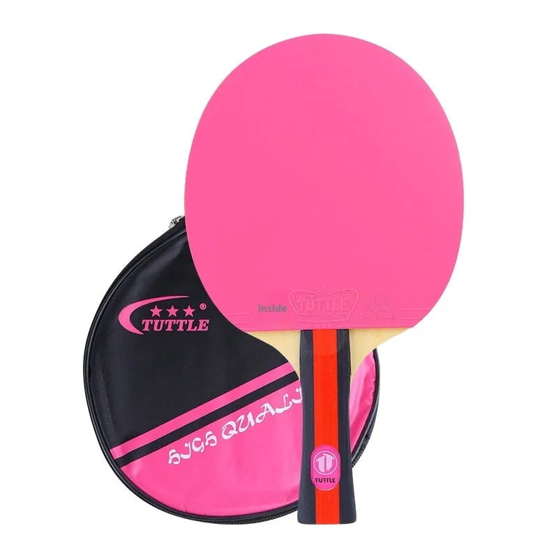 Table tennis racket with cover and bag in pink, blue and green shakehand grip colours
