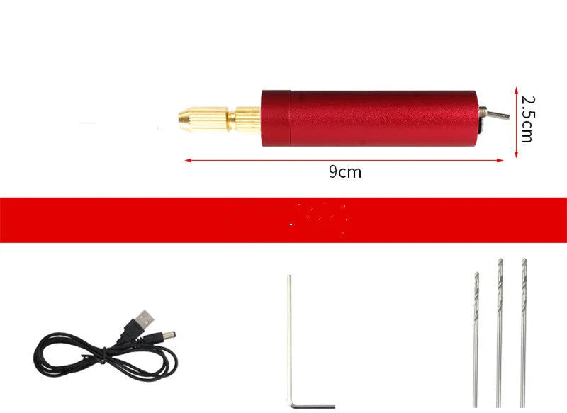 Micro USB electric grinder with three drill bits and wrench on a white background