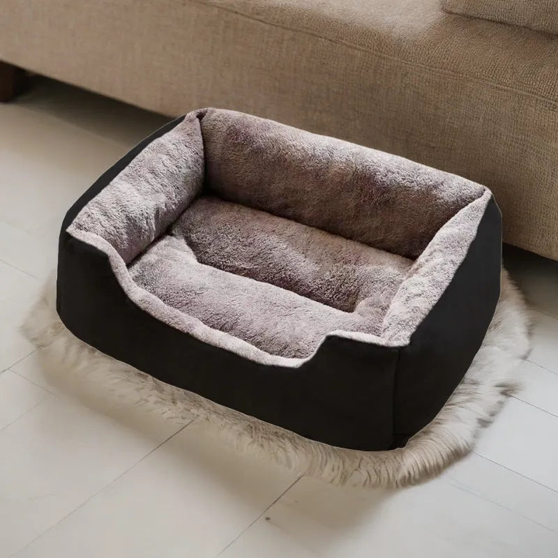 Short plush cat bed cushion shown in multiple sizes and colour options including black, coffee, grey, green and pink