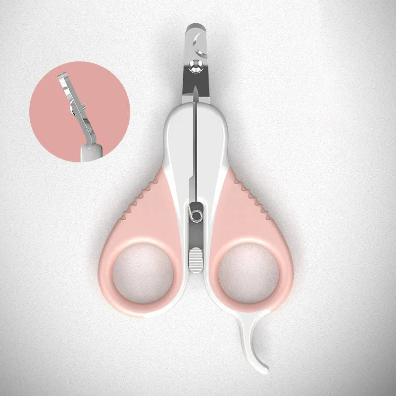 Grey and pink angled stainless steel cat nail clippers with safety lock for small pets.