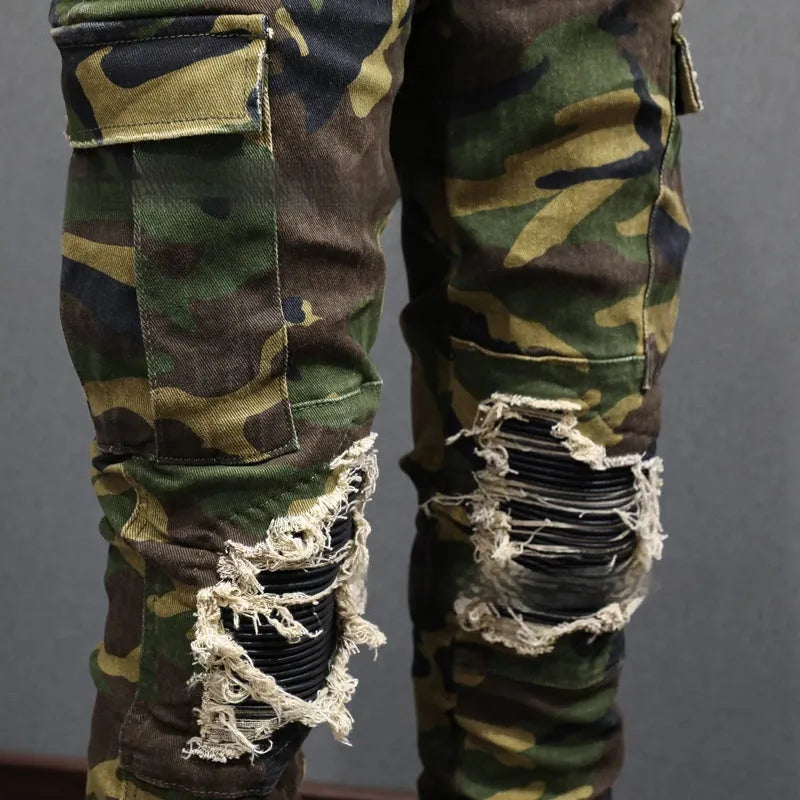 Men's camouflage broken hole jeans mid waist cotton trousers