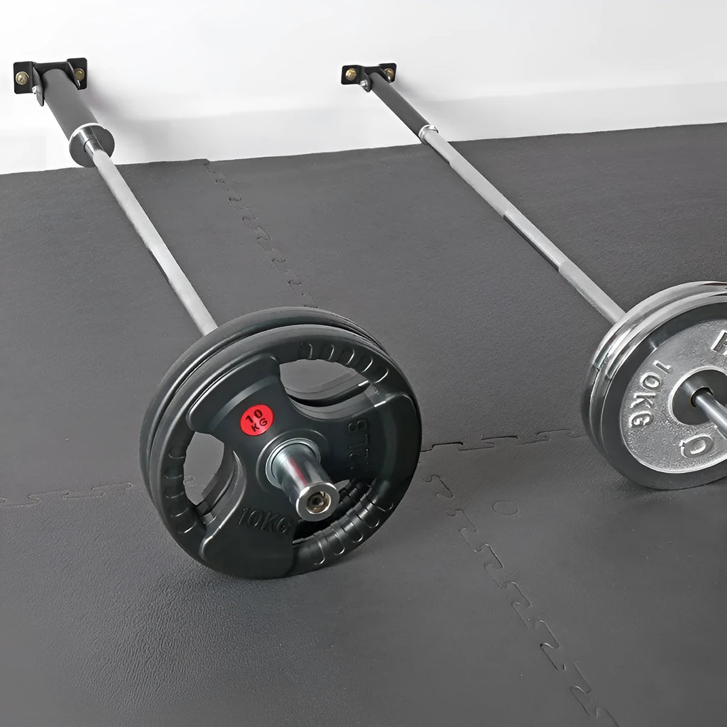Wall-mounted steel barbell storage rack with 25 vertical tubes.