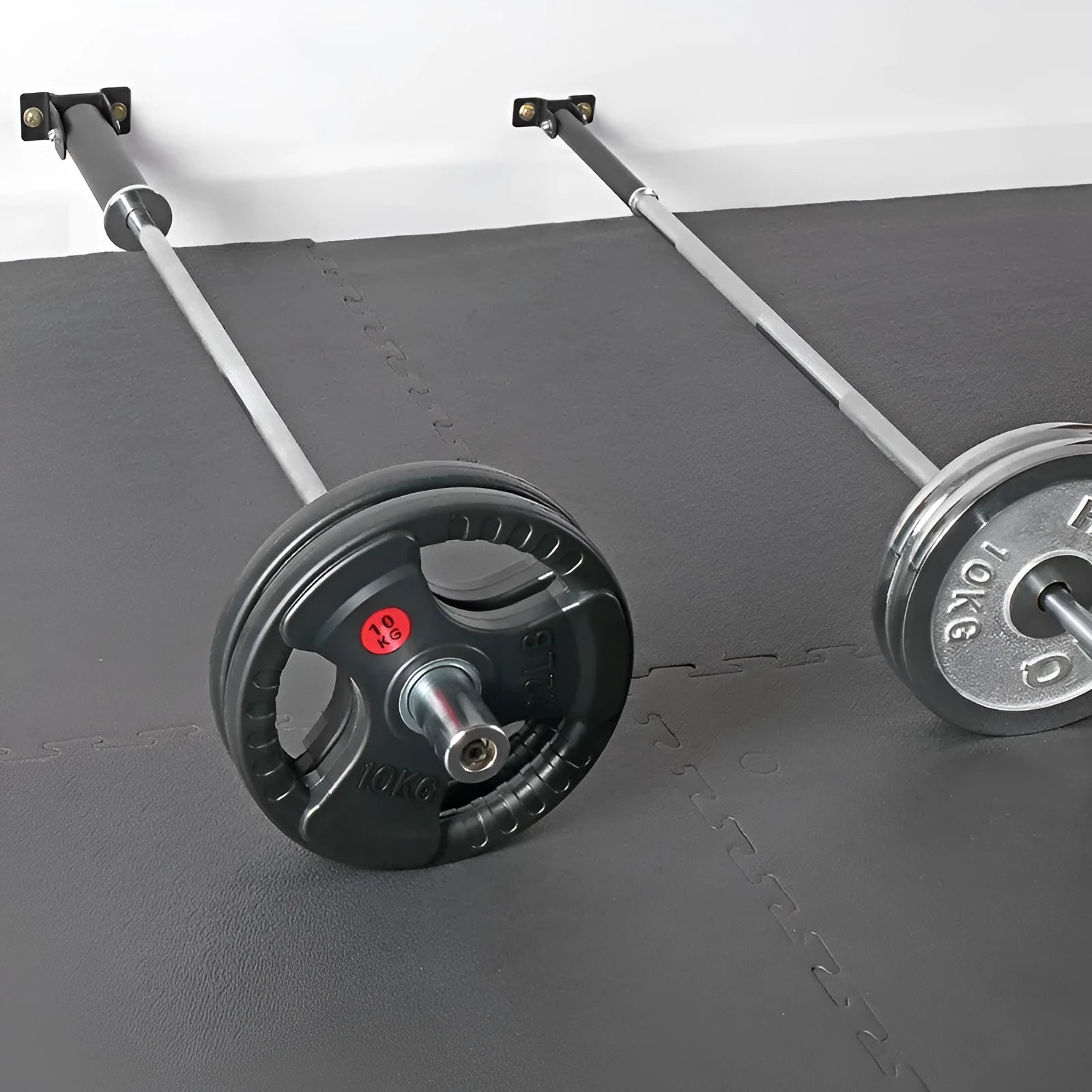 Wall-mounted steel barbell storage rack with 25 vertical tubes.