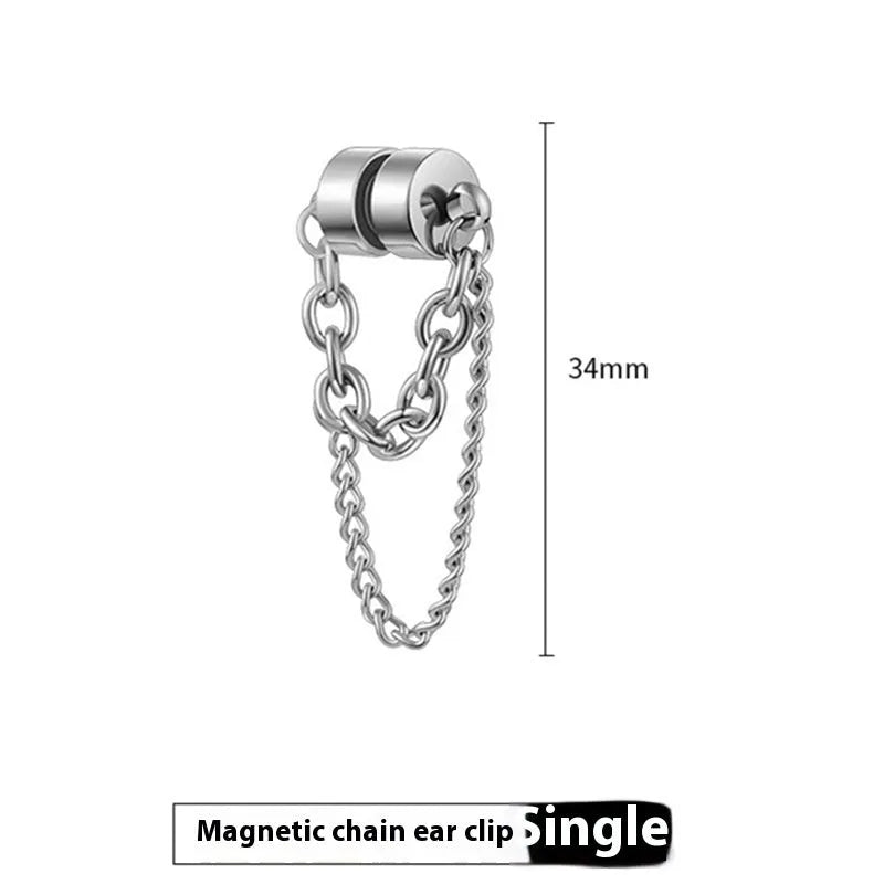Magnetic suction non-piercing earrings with chain detail made from alloy with micro inlay in European American style