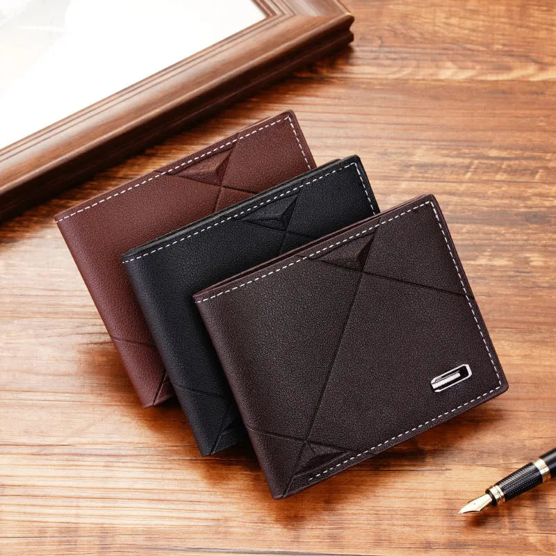 Men's black three-fold PU leather wallet open to show multiple short card slots.
