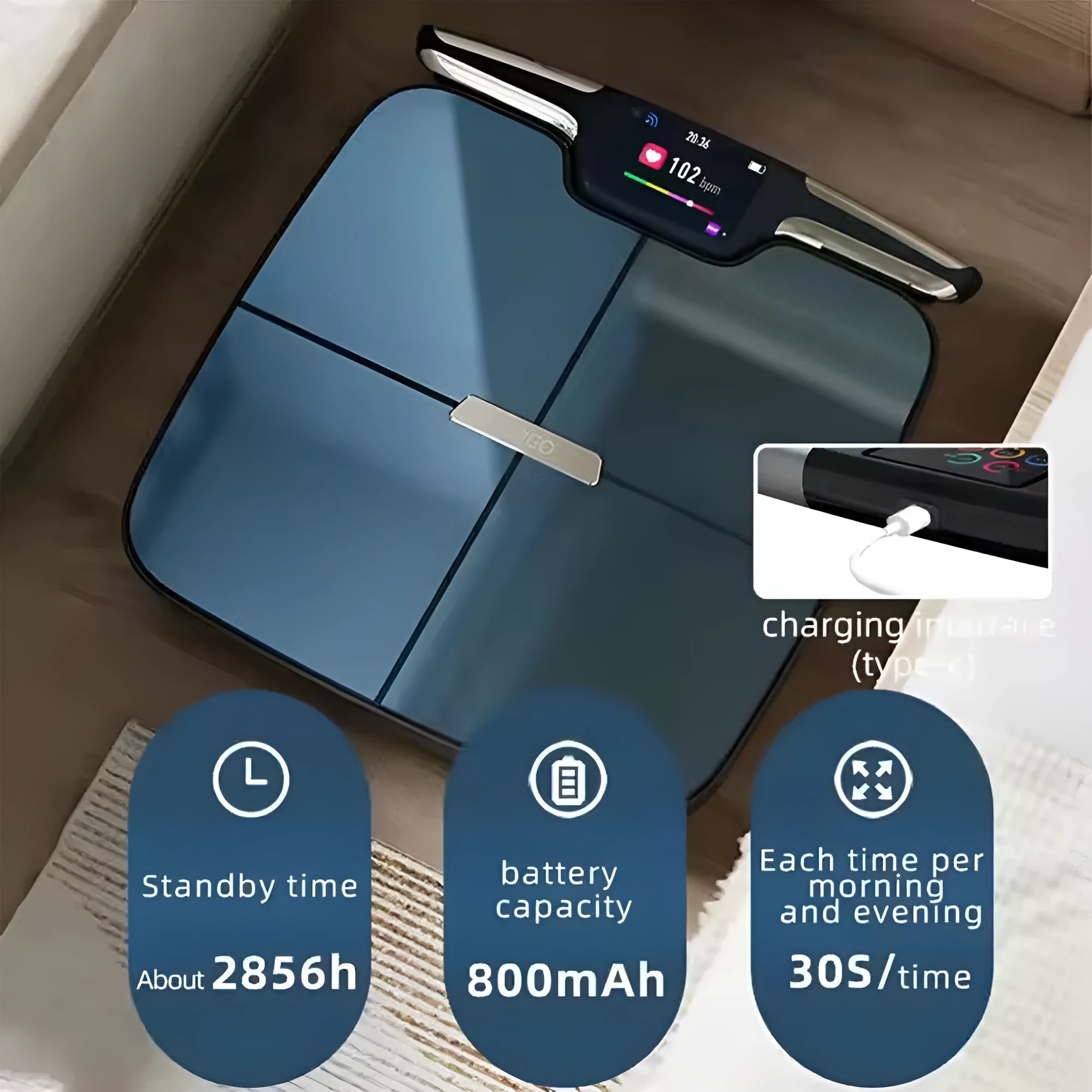 Black eight-electrode intelligent body fat weighing scale on a bathroom floor.