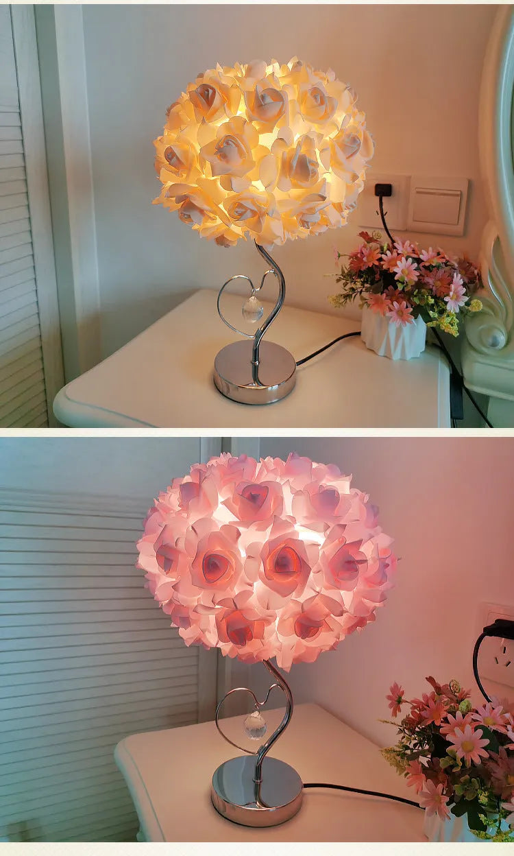 Heart-shaped crystal table lamp with metal holder, apricot colour, on bedside table