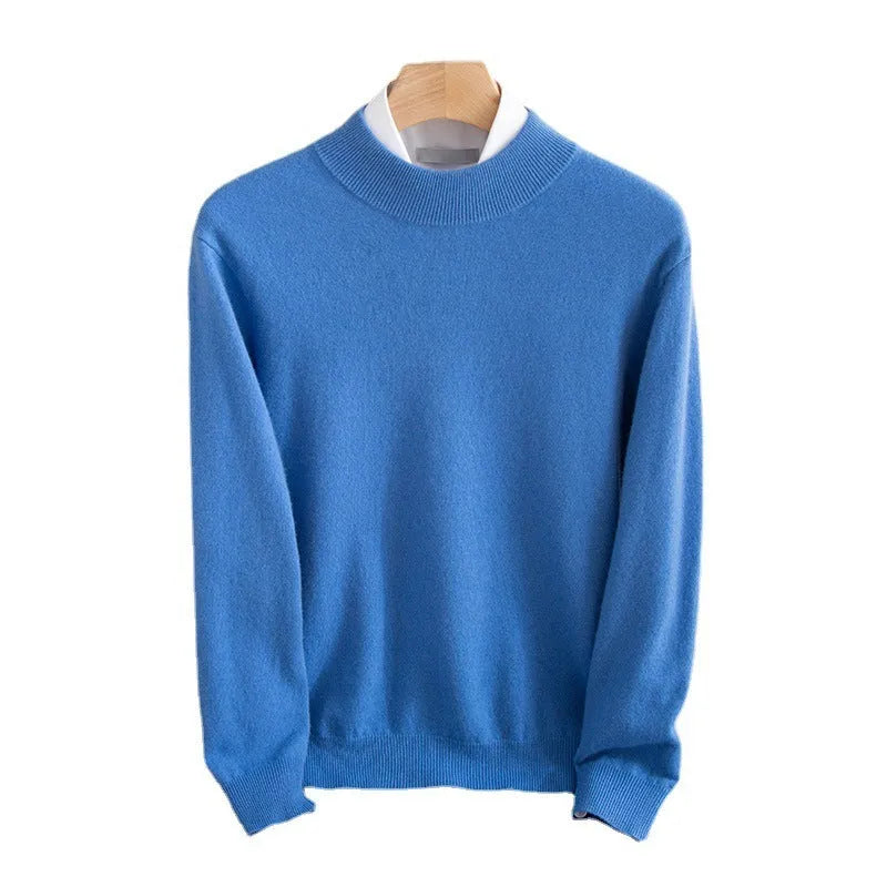 Men's loose fit half turtleneck wool sweater in rough yarn, shown in a range of colours.