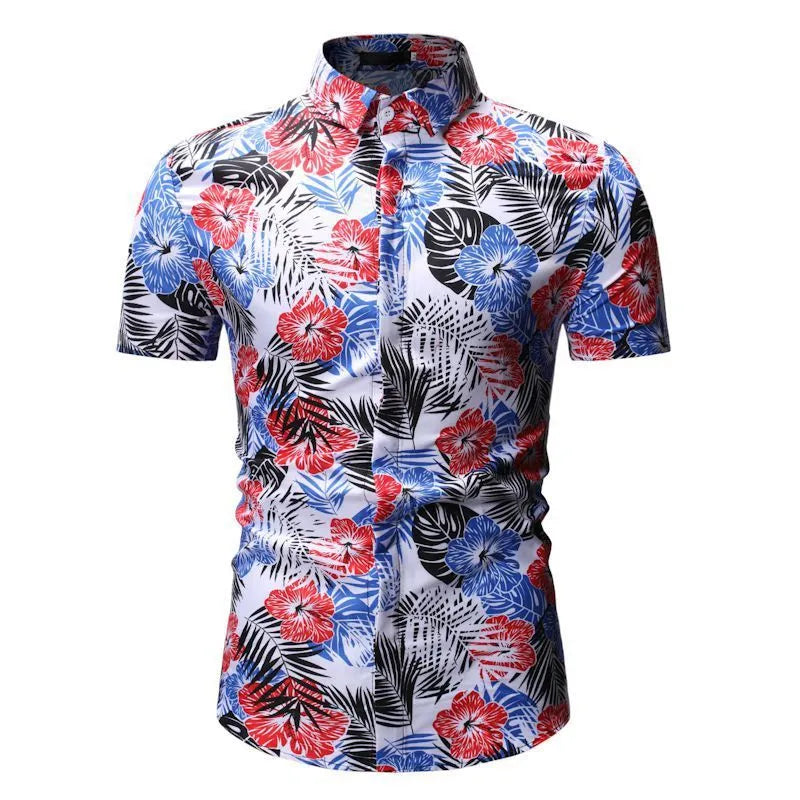 Men's white polyester square collar floral short-sleeved beach shirt