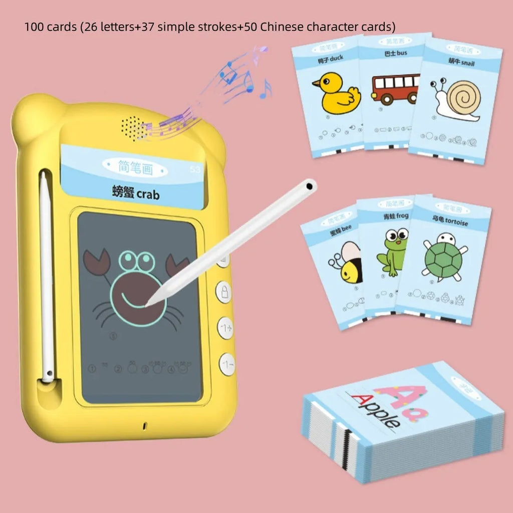Yellow bilingual early learning machine with educational cards for English letters and Chinese character development
