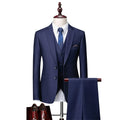 Men's navy blue slim fit three-piece plaid suit with vest, jacket and trousers on hanger