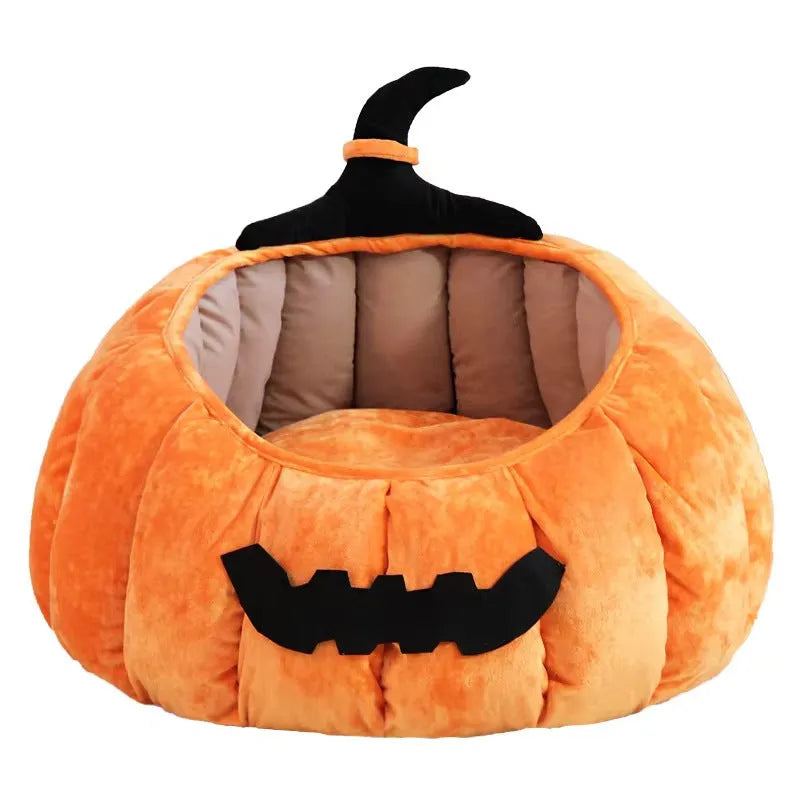 Halloween pumpkin design plush cat bed for cats and small dogs in orange colour.