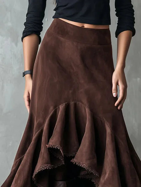 Western brown women's maxi skirt with high-low hem and ruffle trim on eco suede polyester fabric.
