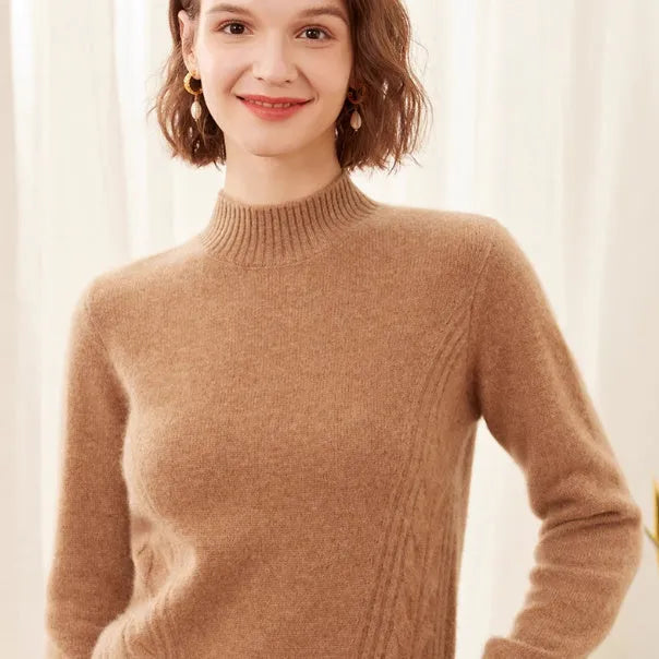 Women's pure cashmere turtleneck sweater in warm beige on model, high-neck pullover design