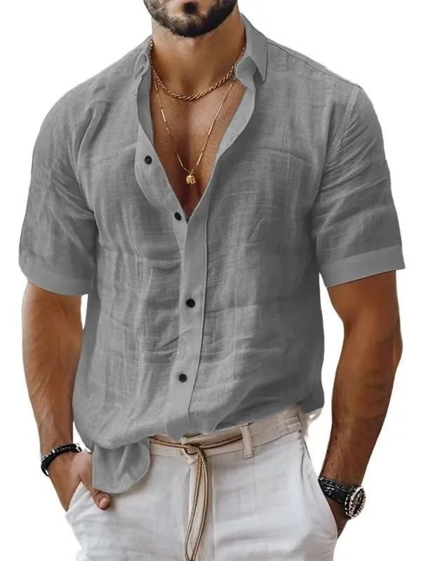 Men's short sleeve lapel shirt in light green, shown in a cardigan style with a casual fit.
