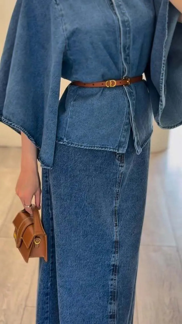 Denim cape top and maxi skirt set in plain design, regular fit, inelastic denim, sizes XS to 2XL