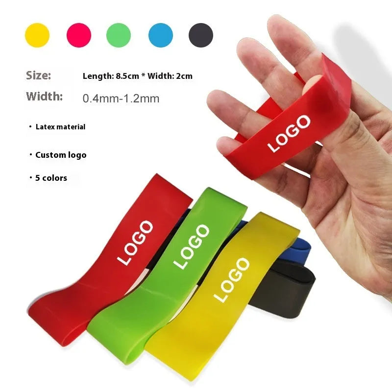 Five latex thumb stretch braces in a set, each measuring 16 cm by 2 cm, for hand muscle development